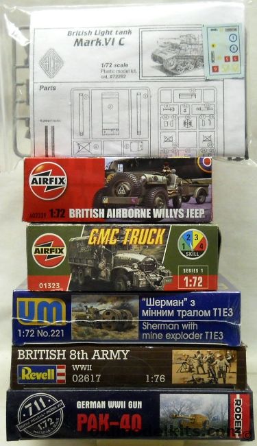 Ace 1/72 British Light Tank Mark IVC (Bagged) / Airfix British Airborne Willys Jeep And GMC Truck / UM Sherman Tank With Mine Exploder T1E3 / Revell British 8th Army Roden PAK-40 Gun, 72292 plastic model kit