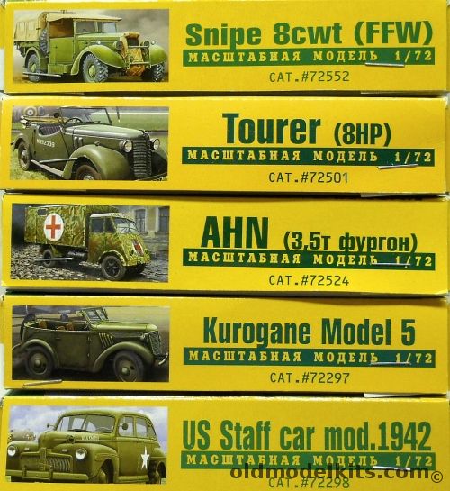 Ace 1/72 SuperSnipe Lorry 8cwt (FFW) / Tourer 8hp / AHN 3.5TVan / Kurogane Model 5 / US Staff Car 1942, 72882 plastic model kit