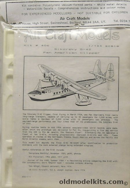 Air Craft Models 1/44 Sikorsky S-42 Pan Am Clipper - Bagged, 406 plastic model kit