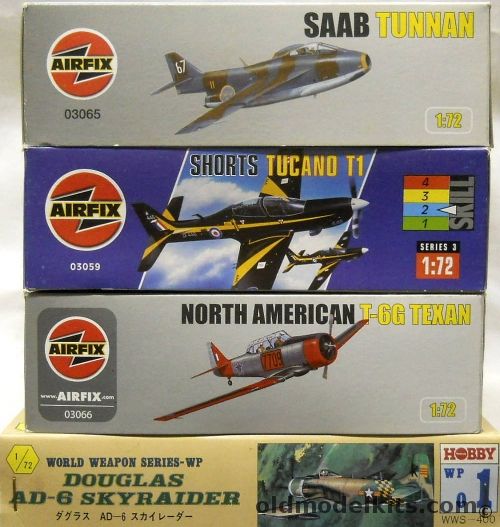 Airfix 1/72 Saab Tunnan J-29 / Shorts Tucano T1 / North American T-6G Texan / Tskuda Hobby Douglas AD-6 Skyraider, 03065 plastic model kit