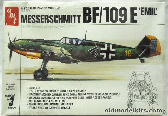 AMT-Matchbox 1/32 Messerschmitt Bf-109 E3/4 Emil - Adolf Galland JG26 / Slovakian Air Force JG52 1942 / 3/4 JG2 Richthofen France 1940 - (ex Matchbox), 7202 plastic model kit