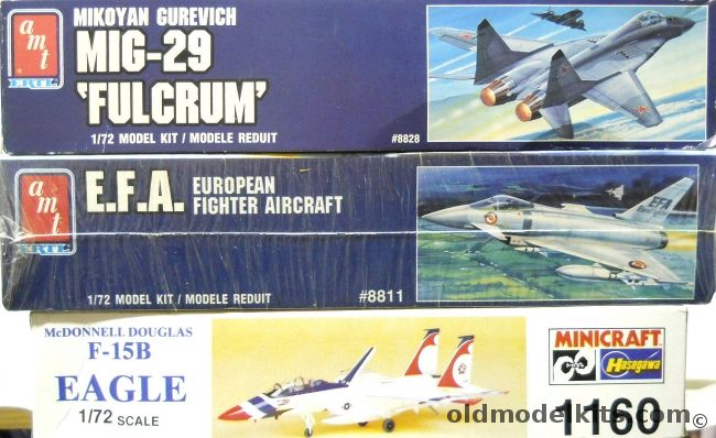 AMT 1/72 Mig-29 Fulcrum / EFA European Fighter Aircraft / Hasegawa F-15B Eagle, 8828 plastic model kit