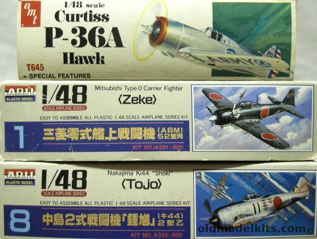 AMT 1/48 Curtiss P-36A Hawk And Arii A6M5 Zeke Zero And Arii Ki-44 Shoki Tojo, T645 plastic model kit