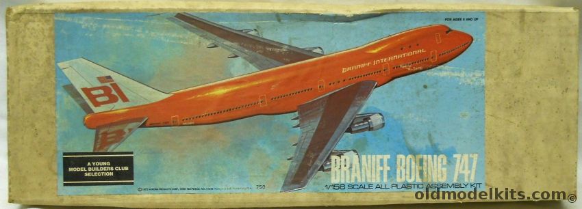 Aurora 1/156 Braniff Boeing 747 - Braniff International Air Lines Jumbo Jet - Young Model Builders Club Issue, 750 plastic model kit