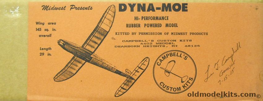 Campbells Custom Kits Wally Simmers Dyna-Moe - 34 Inch Wingspan Flying Cabin Class C for Free Flight or R/C Conversion - (Dynamoe By Midwest), 402 plastic model kit