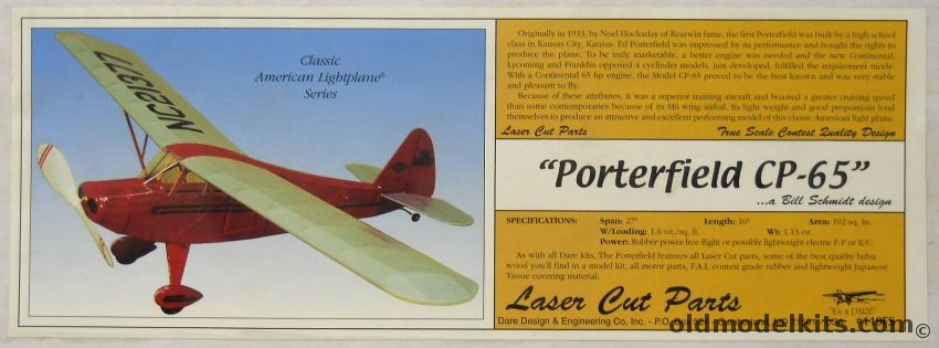 Dare Design Porterfield CP-65 - 27 Inch Wingspan For Rubber Free Flight Or Electric R/C Conversion, 119FS plastic model kit