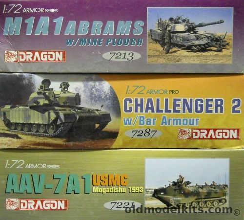 Dragon 1/72 M1A1 Abrams With Mine Plow / Challenger 2 With Bar Armour / USMC AAV-7A1 Mogadishu 1993, 7213 plastic model kit