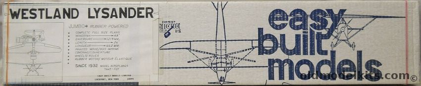 Easy Built Models Westland Lysander - 50 Inch Wingspan, FF-58 plastic model kit