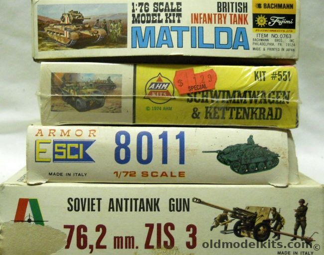 Fujimi 1/76 Matilda Tank And ESCI Hetzer And AHM Schwimmwagen & Kettendrad And Italaerei Soviet Antitank Gun 76.2mm ZIS 3 M.42, 0763 plastic model kit