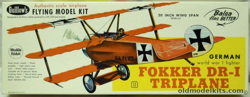 Guillows Fokker DR-I Triplane - 20 Inch Wingspan for Free Flight or R/C Conversion - (DR1), 204 plastic model kit