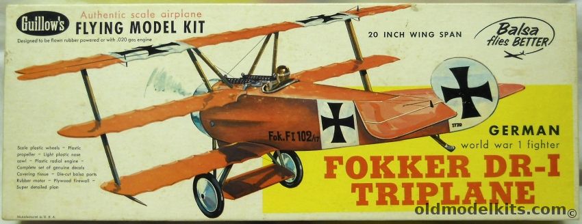 Guillows Fokker DR-I Triplane - 20 inch Wingspan for Free Flight or R/C Conversion - (DR1), 204 plastic model kit