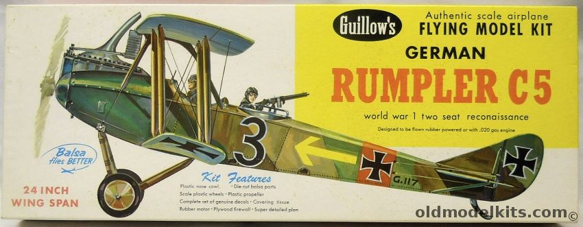 Guillows Rumpler C5 - 24 inch Wingspan R/C / Gas Free Flight / Rubber Powered Flying Aeroplane - (CV), 206 plastic model kit