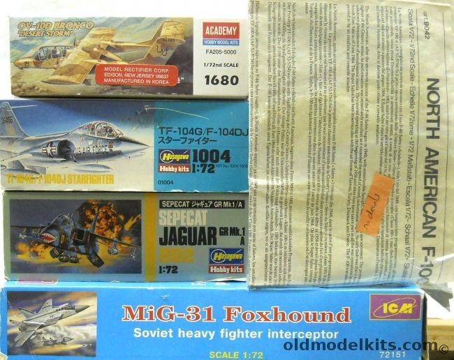 Hasegawa 1/72 Lockheed TF-104G / F-104DJ Starfighter / Sepecat Jaguar Gr Mk.1 / Academy OV-10D Bronco / ICM Mig-31 Foxhound / ESCI F-100 Bagged, 1004 plastic model kit