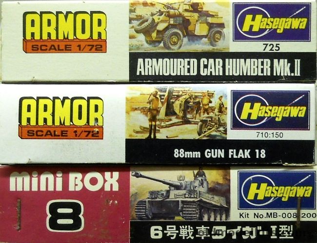 Hasegawa 1/72 TWO Humber MkII Armored Car / THREE 88mm Flak 18 Guns / TWO Panzer VI Tiger I.E, 725 plastic model kit