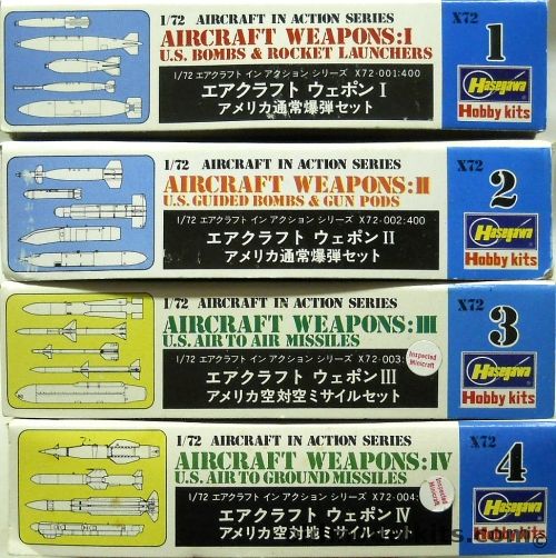 Hasegawa 1/72 Aircraft Weapons 1 / 2 / 3 / 4  US Bombs & Rocket Launchers / Guided Bombs and Gun Pods / Air To Air Missiles / Air To Ground Missiles, X72-2 plastic model kit