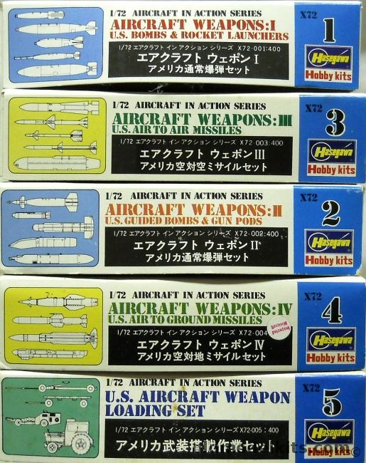 Hasegawa 1/72 Aircraft Weapons 1 / 2 / 3 / 4 / TWO 5  US Bombs & Rocket Launchers / Guided Bombs and Gun Pods / Air To Air Missiles / Air To Ground Missiles / Loading Set, X72-4 plastic model kit