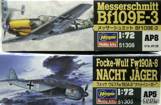 Hasegawa 1/72 Messerschmitt Bf-109 E-3 And Focke-Wulf FW-190 A-8 Nacht Jager, AP8 plastic model kit