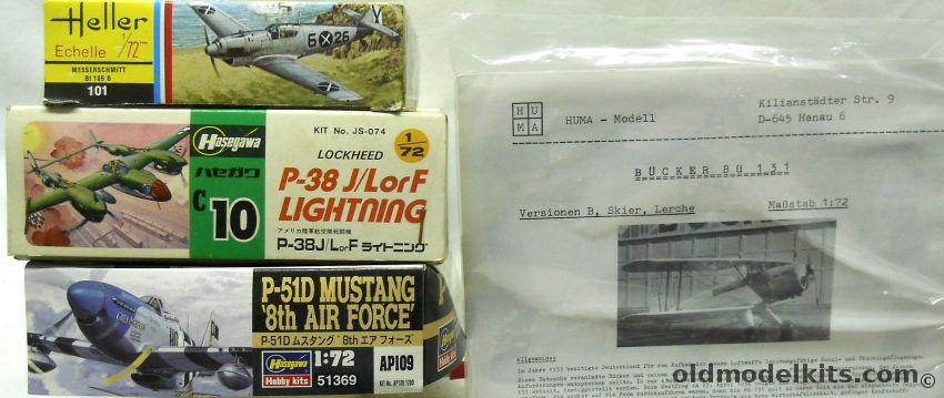 Heller 1/72 Messerschmitt Bf-109 B-1 or C-2  / Hasegawa P-38 Lightning / Hasegawa P-51D / Huma Model Bucker Bu-131 - Bagged, 101 plastic model kit