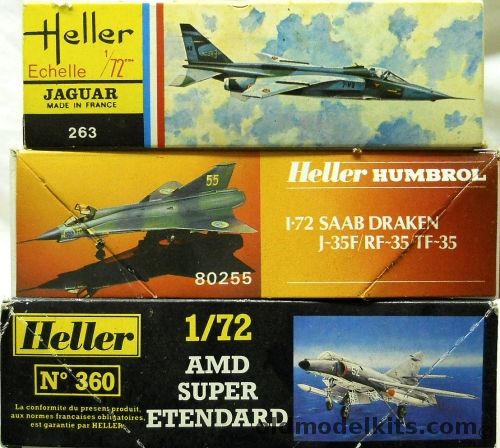 Heller 1/72 Jaguar A/E / Saab Draken J-35F / RF-35 / TF-35 / TWO AMD Super Etendard with Exocet Missile, 263 plastic model kit