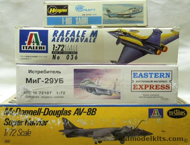 Italeri 1/72 Rafael M Aeronavale / Eastern Epress Mig-29UB / Hasegawa F-86F Sabre / Testors AV-8B Super Harrier, 036 plastic model kit
