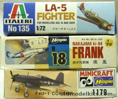 Italeri 1/72 Lavochkin LA-5 FN / Hasegawa Nakajima Ki-84 Frank / Hasegawa F4U-1 Corsair, 135 plastic model kit