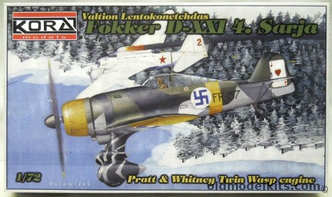 Kora 1/72 Fokker D-XXI 4 Sarja - Finnish Air Force FR-157 E/LLv 30 Capteeni L. Bremer Utti 1941 - Fixed Undercarriage and Pratt Whitney Twin Wasp Engine, 7202 plastic model kit