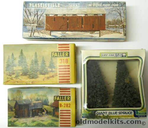Life-Like 1/87 Giant Blue Spruce / Plasticville Covered Bridge / Faller Shed / Faller Evergreen Trees - HO  Scale, 1010 plastic model kit