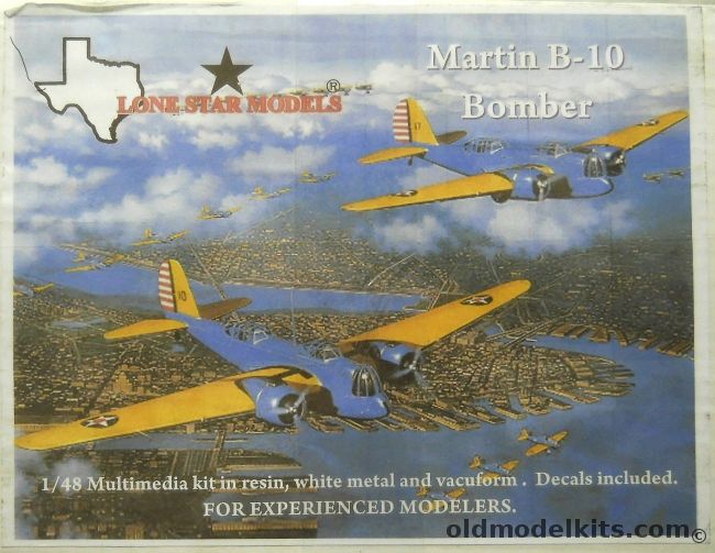 Lone Star 1/48 Martin B-10 Bomber - USAAF 23rd Sq Aircraft #4 / 9th BS #124 / AACMO Route 18 Oakland CA / 44th RS / 11th BS #137 / 31st BS #175 / 17th PS Hack #120 / Pattern III Arctic Scheme / 28th BS / Transport Morrill Field Alaska 1940 / Royal Netherlands East Indie plastic model kit