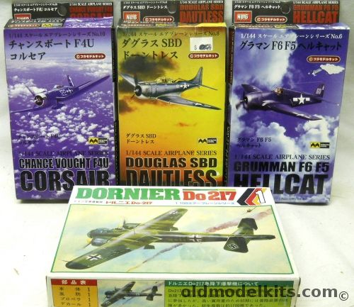 Mitsuwa 1/144 F4U Corsair / SBD Dauntless / F6F Hellcat / Model Kawai Dornier Do-217 (1/100 scale), 10 plastic model kit