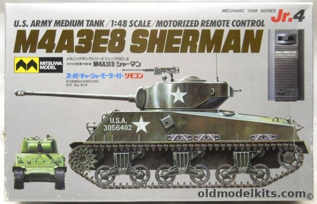 Mitsuwa 1/48 M4A3E8 Sherman - Motorized Remote Control, 914 plastic model kit