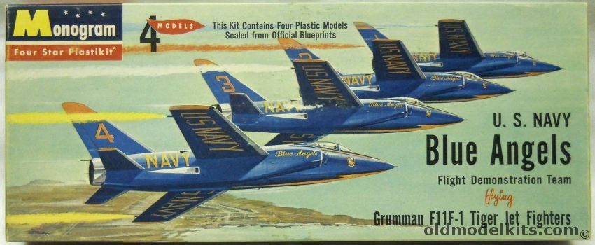 Monogram 1/101 F-11F Tiger Blue Angels - 4 (F11F) Aircraft with Special Stand - Four Star Issue, PA29-98 plastic model kit