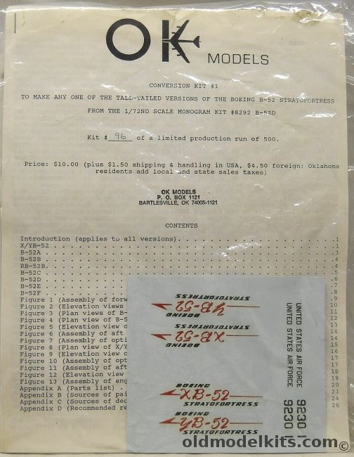 OK Models 1/72 X/YB-52 / B-52A / B-52B / RB-52B / B-52C / B-52D / B-52E / B-52F Conversion Kit - For the Monogram Model - Bagged, 1 plastic model kit