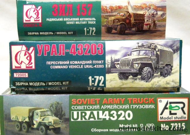 Omega-K 1/72 FIVE Kits In Three Boxes / Zil 157 Soviet Military Truck / TWO Ural 43230 Command Trucks / TWO AER Model Studios Ural 4320 Soviet Army Trucks plastic model kit