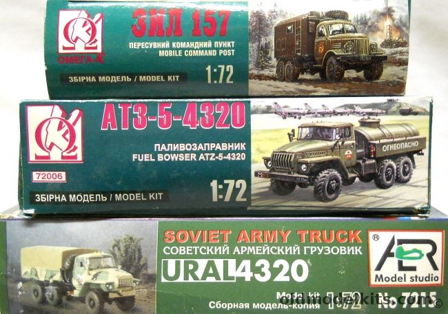 Omega-K 1/72 FIVE Kits In Three Boxes / Zil 157 Mobile Command Post / TWO AT3-5-4320 Fuel Bowser / AER Model Studios TWO Ural 4320 Soviet Army Trucks plastic model kit