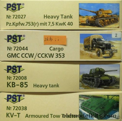PST 1/72 Pz.Kpfw. 753(r) With 75mm Kwk 40 / TWO GMC CCW/CCKW 353 / KB-85 Heavy Tank / KV-T Armoured Tow Tractor, 72027 plastic model kit