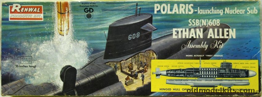 Renwal 1/200 SSB(N)-608 Ethan Allen Polaris Launching Nuclear Submarine, 652-298 plastic model kit