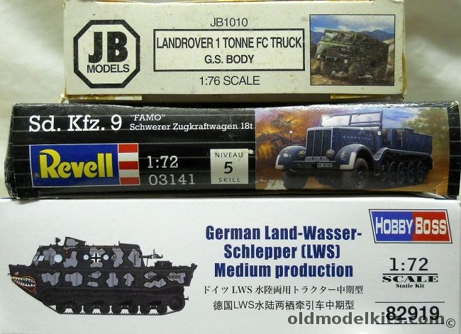 Revell 1/72 Sd.Kfz.9 FAMO Schwerer Zugkraftwagen 18t / Hobby Boss German Land-Wasser-Schlepper (LWS) Medium Prouction / TWO JB Models 1/76 Scale Landrover 1 Ton FC Truck GS Body, 03141 plastic model kit