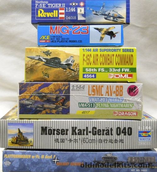 Revell 1/144 F-5E Tiger II / Ace Mig-23 Flogger / DML F-15C Eagle / Dragon TWO USMC AV-8B / Trumpeter TWO Morser Karl-Gerat 040 and Plattformwagen with Pazner III Ausf F And Railway Gondola, 04018 plastic model kit