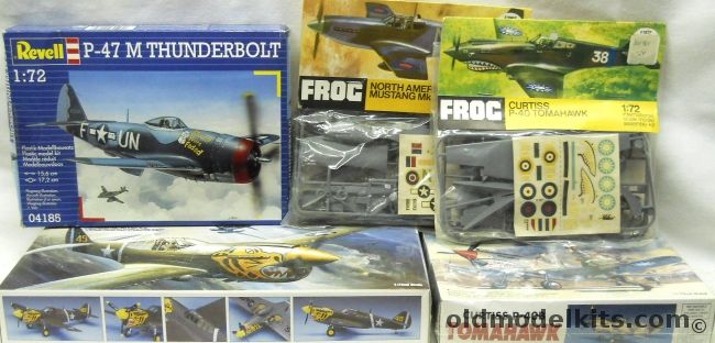 Revell 1/72 Republic P-47 M Thunderbolt / Frog Curtiss P-40 Tomahawk / Frog North American Mustang Mk.II (P-51) / Academy Curtiss P-40B Tomahawk / Academy P-40E Warhawk - Aleutian Tiger USAAF or RAAF Australia New Guinea 1942, 04185 plastic model kit