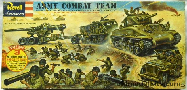Revell 1/40 Army Combat Team Gift Set - M-4 Sherman Tank Black Magic / 155MM Long Tom Gun And High Speed Tractor / Jeep And Trailer / GI Figures  - 'S' Issue, G527-498 plastic model kit