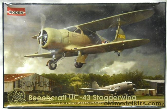 Roden 1/48 Beechcraft UC-43 Staggerwing - (GB-2 Traveller II G17S G-17S), 442 plastic model kit