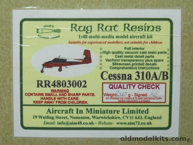 Rug Rat Resin 1/48 Cessna 310 A/B - VP-YRP In Salisbury Rhodesia 1960 / OO-SEG In Brussels Belgium 1965 / Songbird From the Sky King TV Show 1960s - By Aircraft In Miniature - (Cessna 310A / 310B), RR4803002 plastic model kit