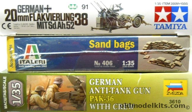 Tamiya 1/35 German 20mm Flakvierling 38 With Sd.Ah.52 And Italeri Sand Bags And Zvezda German Anti-Tank Gun Pak-36 With Crew, 35091 plastic model kit