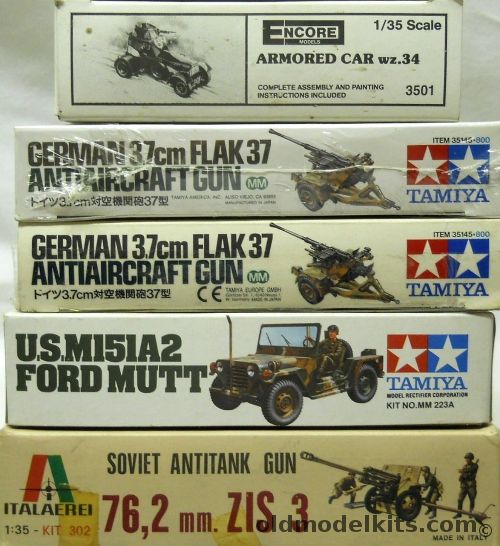 Tamiya 1/35 TWO German 3.7cm Flak 37 AA Gun / Italaerei Soviet Anti Tank Gun 76.2mm ZIS3 / Encore Armored Car Wz. 34 / TWO Tamiya Ford Mutt M151A2, 35145 plastic model kit