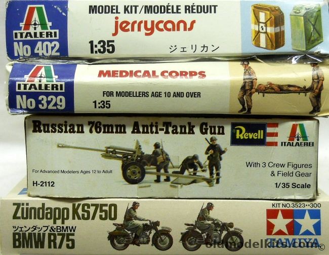 Tamiya 1/35 Zundapp KS750 and BMW R75 Motorcycles / Revell Anti Tank Gun 76mm / Italeri Jerry Cans / Italeri Medical Coprs, 3523-300 plastic model kit