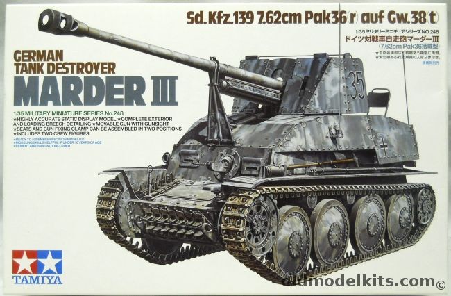 Tamiya 1/35 Marder III - German Tank Destroyer Sd. Kfz.139 7.62cm Pak36(r) auf Gw.38t, 35248 plastic model kit