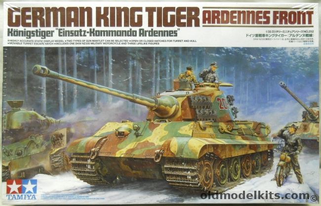 Tamiya 1/35 King Tiger Sd.Kfz.182 Tiger II Panzer Kampfwagen VI Ardennes Front With Motorcycle And Three Figures, 35252 plastic model kit