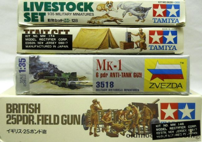 Tamiya 1/35 Livestock Set / Tent Set / Zvezda Mk-1 6 Pdr Anti-Tank Gun / British 25pdr Field Gun, 3628-300 plastic model kit