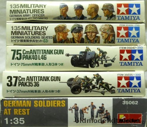 Tamiya 1/35 German Army Officers / German Soldiers Seated / 7.5cm Anti Tank Gun Pak40/L46 / 3.7cm Anti-Tank Gun Pak35/36 / Miniart German Soldiers At Rest, MM110 plastic model kit