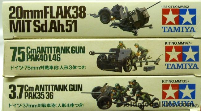 Tamiya 1/35 German 20mm Flak 38 MIT Sd.Ah.51 / 7.5cm Anti Tank Gun Pak 40/L46 / 3.7cm Anti Tank Gun Pak 35/36, MM202 plastic model kit